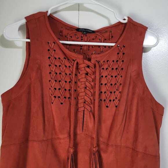 JOHN MARK Women's Small Faux Suede Sleeveless Top Tunic Orange Rust Tassel - Picture 4 of 9